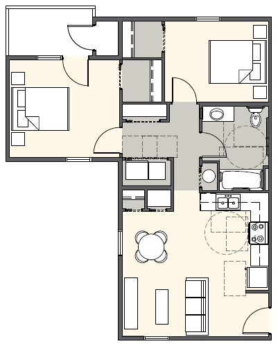Floor plan for 2 beds, 1 bath, 827 sqft